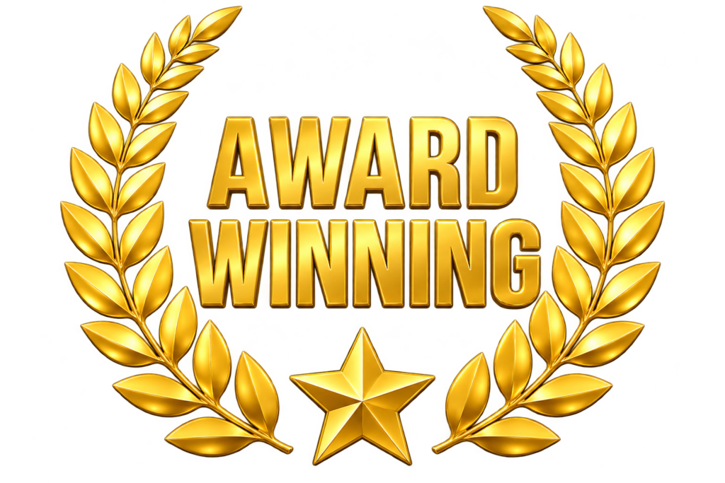 A sturdy gold laurel wreath, looking as solid as a steel beam, wraps around a gold star at the base and frames bold, gold lettering that says AWARD WINNING—all set against a crisp white backdrop, as polished as a new barndominium façade. - Turnkey Barndominium Tennessee