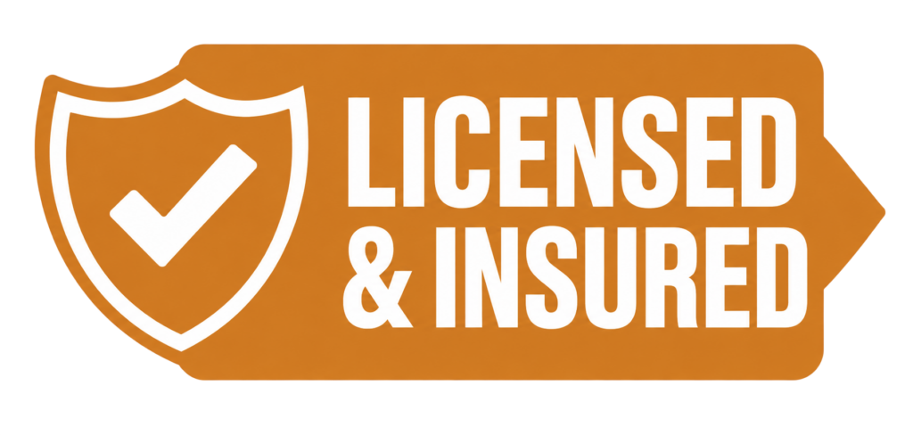 An orange badge shows off a solid white shield with a check mark, and bold white lettering that reads Licensed Insured—so folks know their barndominium build is in trusted hands. - Turnkey Barndominium Tennessee