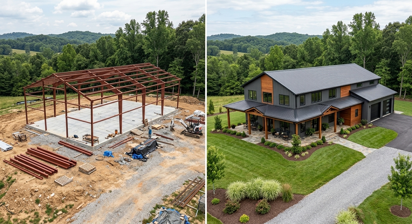 Two photos side by side: on the left, you see the solid steel frame of a barndominium going up on a sturdy concrete pad—the bones of your future home. On the right, there’s the finished product: a sleek barndo with durable metal roofing and eye-catching wood siding, beautifully landscaped and nestled among mature trees. - Turnkey Barndominium Tennessee