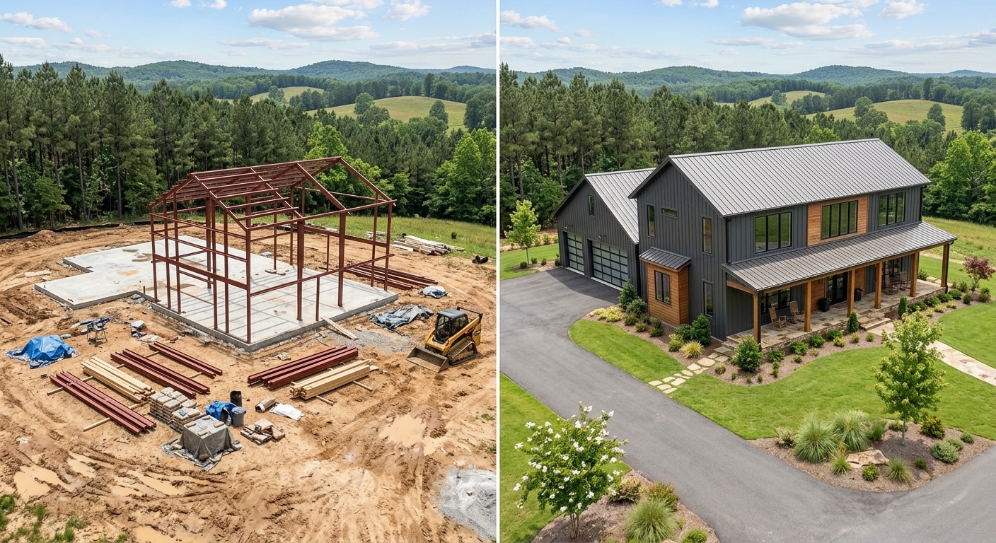Side-by-side photos display the build process: on the left, you see our solid steel frame going up on a sturdy concrete slab, while on the right is the finished two-story barndominium, complete with a landscaped yard. Both sit beautifully in a peaceful, wooded countryside setting—showcasing durability and curb appeal from start to finish. - Turnkey Barndominium Tennessee